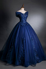 Blue Tulle Lace Long A-Line Ball Gown, Off the Shoulder Evening Party Dress