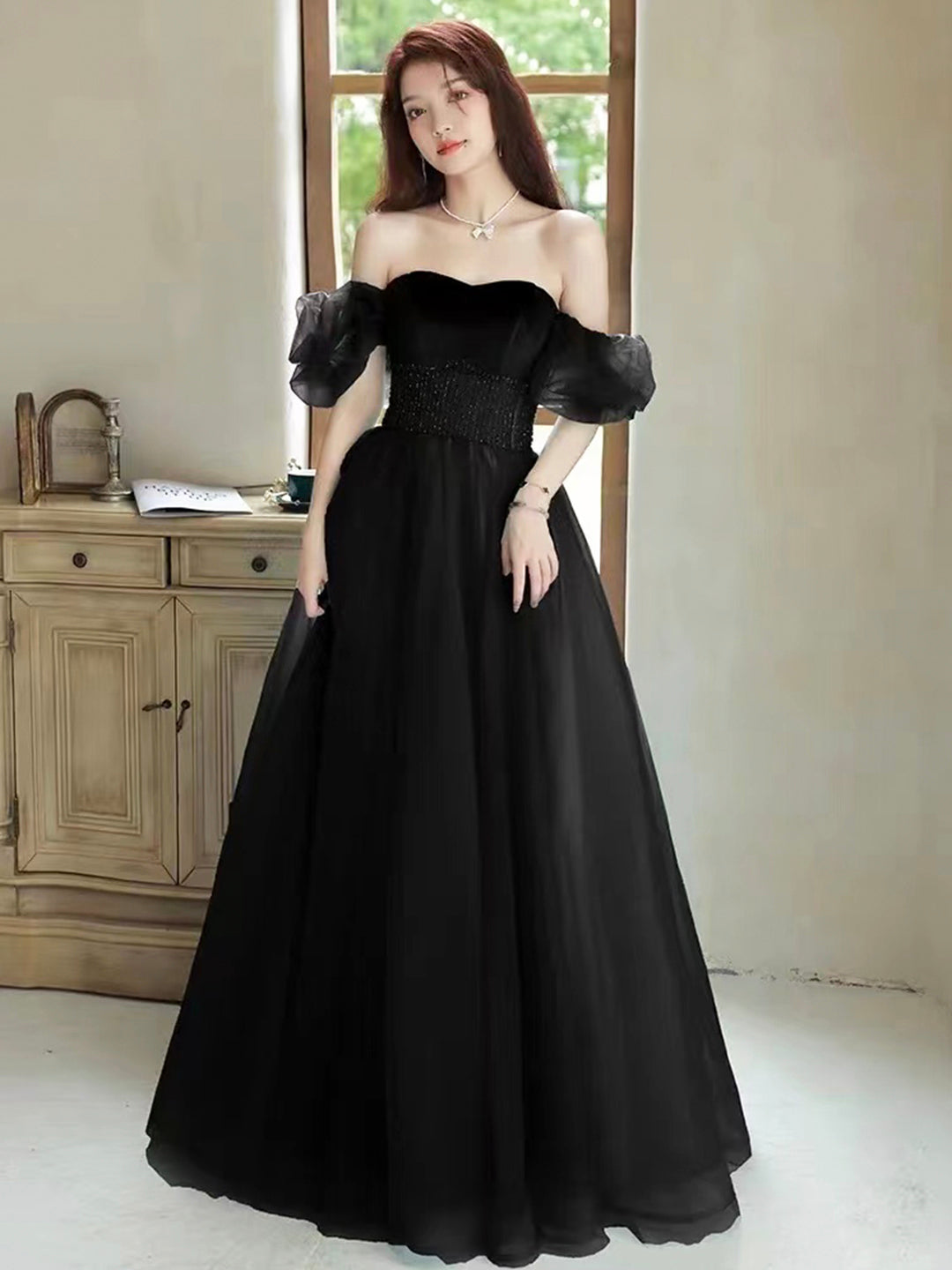 Black Off the Shoulder Velvet and Tulle Long Prom Dress, A-Line Black Evening Dress