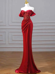 Burgundy Velvet Sequins Long Prom Dress, Mermaid Off the Shoulder Party Dress with Slit