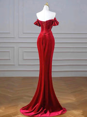 Burgundy Velvet Sequins Long Prom Dress, Mermaid Off the Shoulder Party Dress with Slit