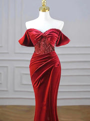 Burgundy Velvet Sequins Long Prom Dress, Mermaid Off the Shoulder Party Dress with Slit
