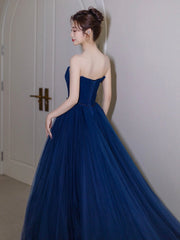 Blue Strapless Tulle Long Prom Dress, Beautiful A-Line Evening Party Dress