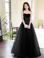 Black Off the Shoulder Velvet and Tulle Long Prom Dress, A-Line Black Evening Dress