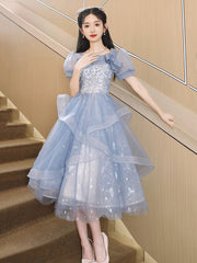 Blue Tulle Knee Length with Lace Party Dress, Blue Short Sleeve Homecoming Dress