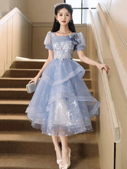 Blue Tulle Knee Length with Lace Party Dress, Blue Short Sleeve Homecoming Dress