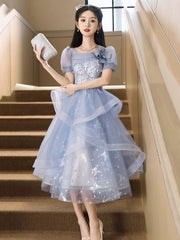 Blue Tulle Knee Length with Lace Party Dress, Blue Short Sleeve Homecoming Dress