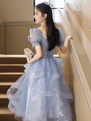 Blue Tulle Knee Length with Lace Party Dress, Blue Short Sleeve Homecoming Dress