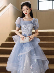 Blue Tulle Knee Length with Lace Party Dress, Blue Short Sleeve Homecoming Dress
