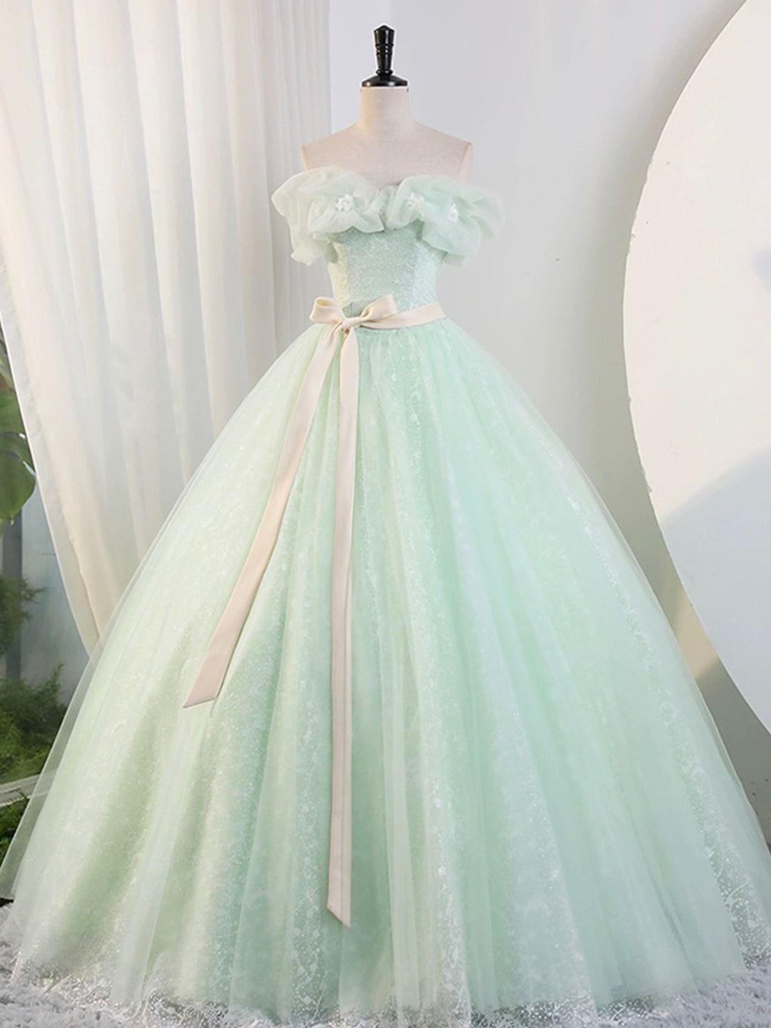 Beautiful Sage Green Tulle Floor Length Prom Dresses, A-Line Off the Shoulder Evening Part Dresses