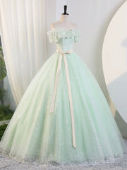 Beautiful Sage Green Tulle Floor Length Prom Dresses, A-Line Off the Shoulder Evening Part Dresses