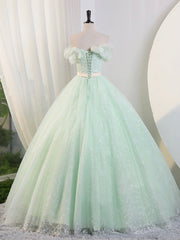 Beautiful Sage Green Tulle Floor Length Prom Dresses, A-Line Off the Shoulder Evening Part Dresses