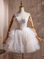 White Spaghetti Strap Tulle Beaded Short Prom Dress, Cute A-Line Party Dress