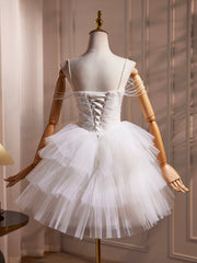 White Spaghetti Strap Tulle Beaded Short Prom Dress, Cute A-Line Party Dress
