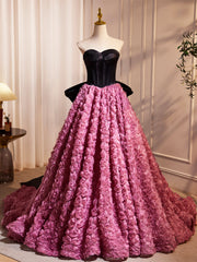 Black Satin and Pink Ruffle Flower Long Prom Dress, Lovely A-Line Strapless Bow Party Evening Dress