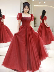 Wine Red Tulle A-line Beaded Long Formal Dress, Beautiful A-Line Short Sleeve Evening Prom Dress