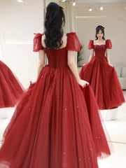 Wine Red Tulle A-line Beaded Long Formal Dress, Beautiful A-Line Short Sleeve Evening Prom Dress