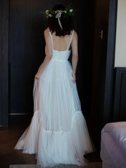 White Tulle Long A-Line Prom Dress, White Floor Length Evening Formal Dress