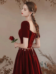 Lovely Velvet Long Prom Dress, Burgundy A-Line Short Sleeve Evening Dress