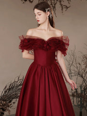Burgundy Satin Off the Shoulder Floor Length Prom Dress, Beautiful A-Line Evening Dress