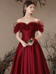 Burgundy Satin Off the Shoulder Floor Length Prom Dress, Beautiful A-Line Evening Dress