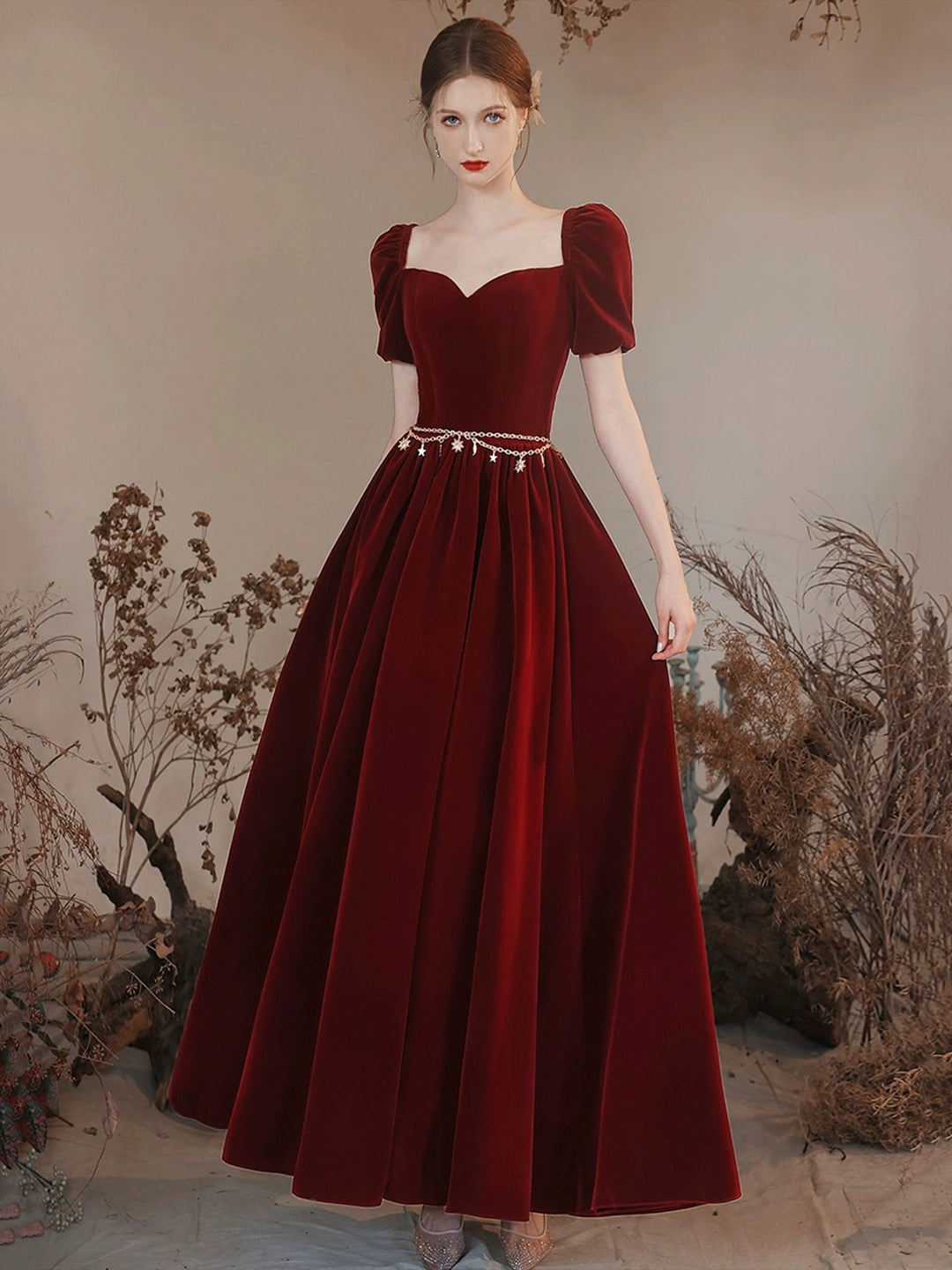 Lovely Velvet Long Prom Dress, Burgundy A-Line Short Sleeve Evening Dress