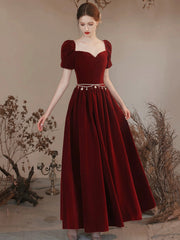 Lovely Velvet Long Prom Dress, Burgundy A-Line Short Sleeve Evening Dress