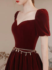 Lovely Velvet Long Prom Dress, Burgundy A-Line Short Sleeve Evening Dress
