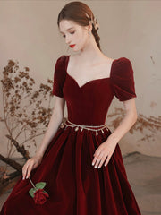 Lovely Velvet Long Prom Dress, Burgundy A-Line Short Sleeve Evening Dress