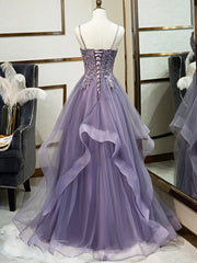 Purple Spaghetti Straps Lace Prom Dress, Lovely Tulle Corset Floor Length Evening Dress