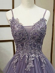 Purple Spaghetti Straps Lace Prom Dress, Lovely Tulle Corset Floor Length Evening Dress