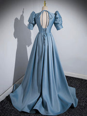 Blue Floor Length V-Neck Satin Prom Dress, Simple A-Line Evening Dress