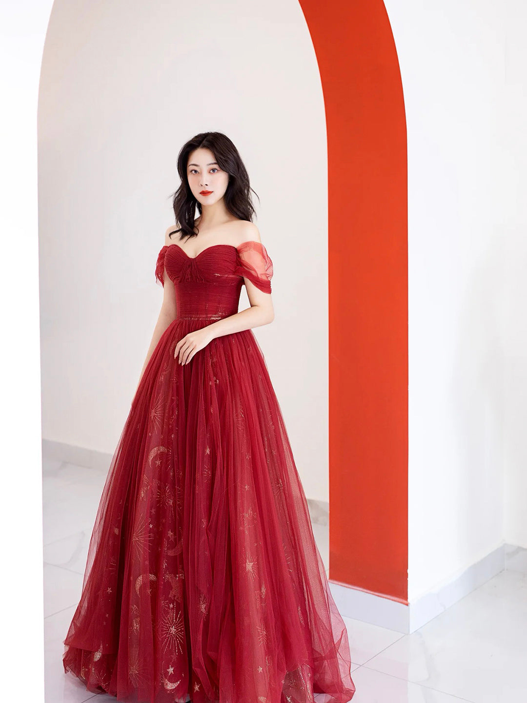 Burgundy Tulle Long Prom Dress, Beautiful A-Line Off the Shoulder Evening Party Dress