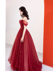 Burgundy Tulle Long Prom Dress, Beautiful A-Line Off the Shoulder Evening Party Dress