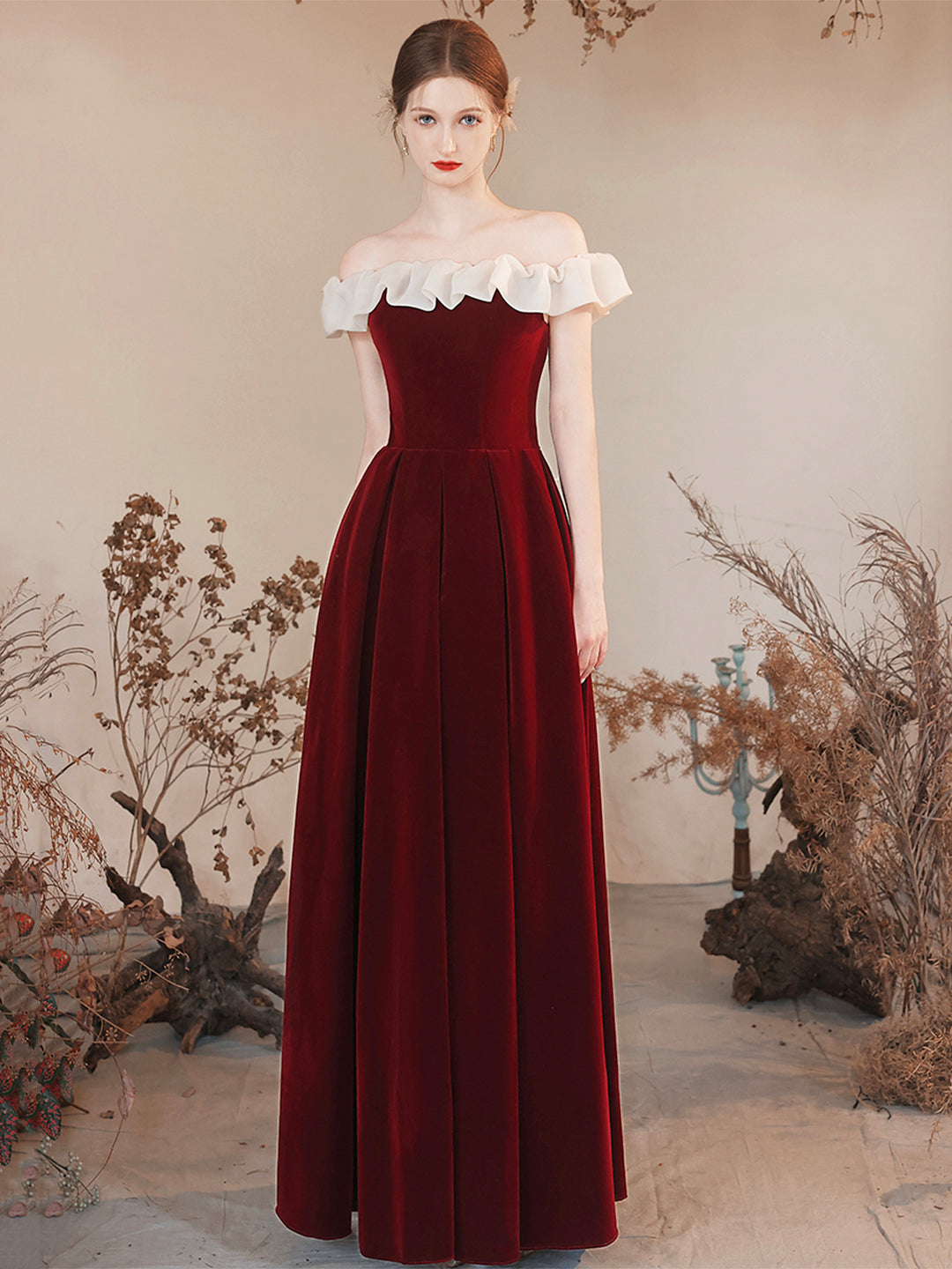 Off the Shoulder Burgundy Velvet Party Dress, Burgundy Floor Length Evening Party Dress