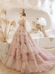 Light Pink Tulle Layers Long Prom Dresses, Beautiful Tulle Sweet 16 Dresses