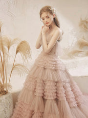 Light Pink Tulle Layers Long Prom Dresses, Beautiful Tulle Sweet 16 Dresses