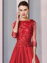 A-Line Mother of the Bride Dress Formal Wedding Guest Elegant High Low Scoop Neck Asymmetrical Tea Length Satin Lace 3/4 Length Sleeve with Appliques