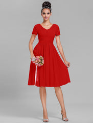 Bridesmaid Dress V Neck Short Sleeve Vintage Inspired Knee Length Chiffon with Ruched Draping