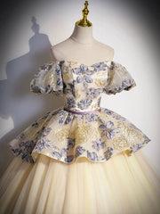 Champagne Floral Tulle Long Formal Dress, Off the Shoulder A-Line Evening Party Gown