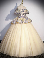 Champagne Floral Tulle Long Formal Dress, Off the Shoulder A-Line Evening Party Gown