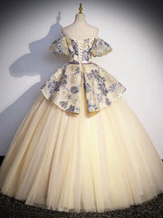 Champagne Floral Tulle Long Formal Dress, Off the Shoulder A-Line Evening Party Gown