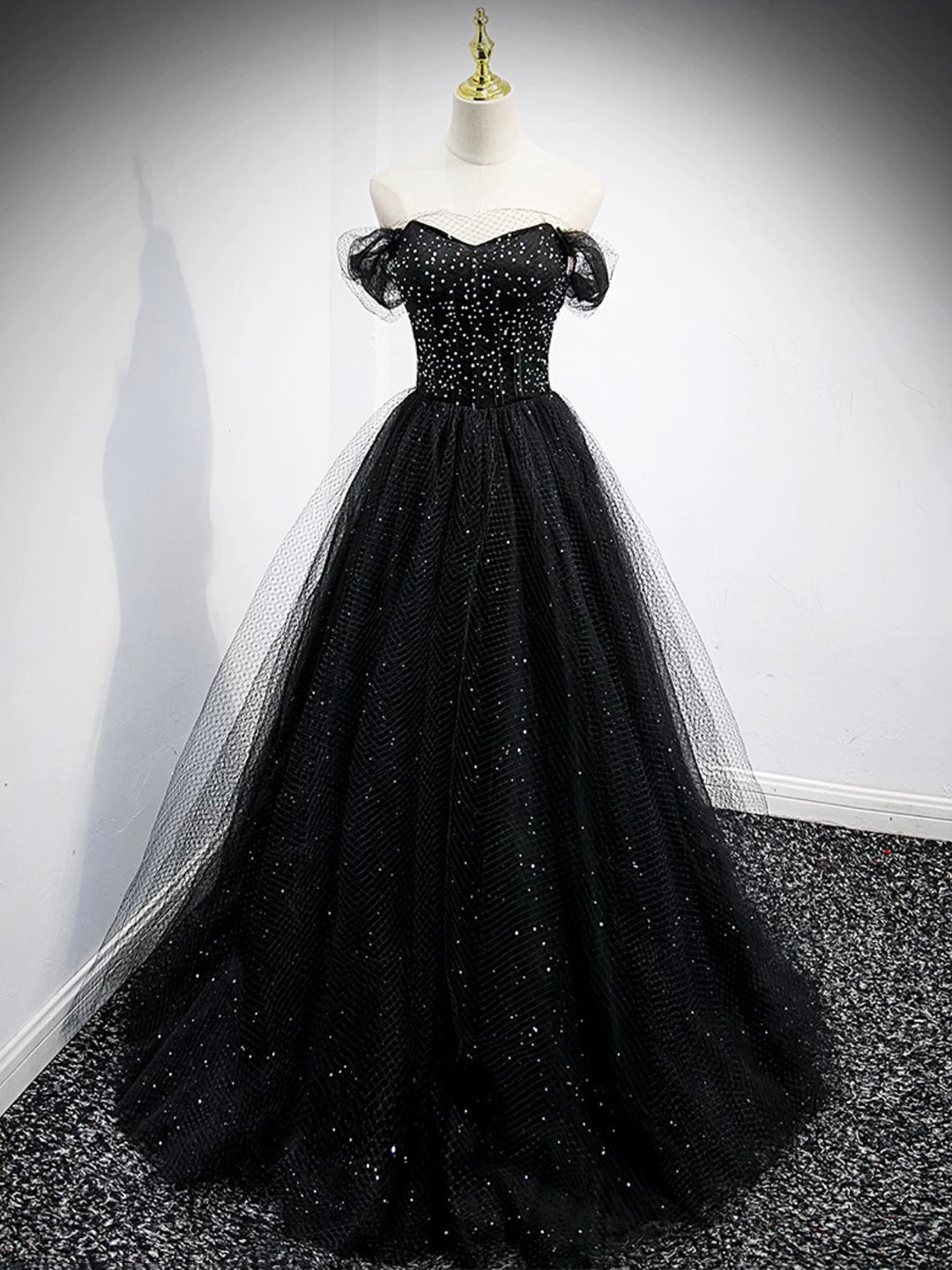 Black Tulle Beaded Floor Length Prom Dress, Black A-Line Off-Shoulder Evening Party Dress