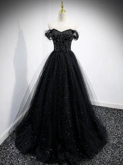 Black Tulle Beaded Floor Length Prom Dress, Black A-Line Off-Shoulder Evening Party Dress