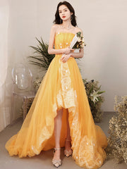 A-Line Orange Strapless Tulle Lace Long Prom Dress, Beautiful Hight Low Evening Party Dress