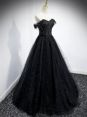 Black Tulle Beaded Floor Length Prom Dress, Black A-Line Off-Shoulder Evening Party Dress