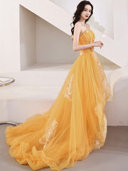 A-Line Orange Strapless Tulle Lace Long Prom Dress, Beautiful Hight Low Evening Party Dress