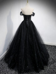 Black Tulle Beaded Floor Length Prom Dress, Black A-Line Off-Shoulder Evening Party Dress