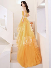 A-Line Orange Strapless Tulle Lace Long Prom Dress, Beautiful Hight Low Evening Party Dress
