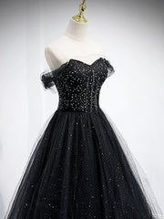 Black Tulle Beaded Floor Length Prom Dress, Black A-Line Off-Shoulder Evening Party Dress