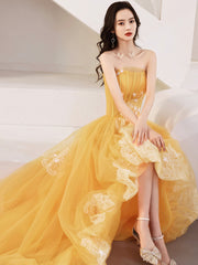 A-Line Orange Strapless Tulle Lace Long Prom Dress, Beautiful Hight Low Evening Party Dress